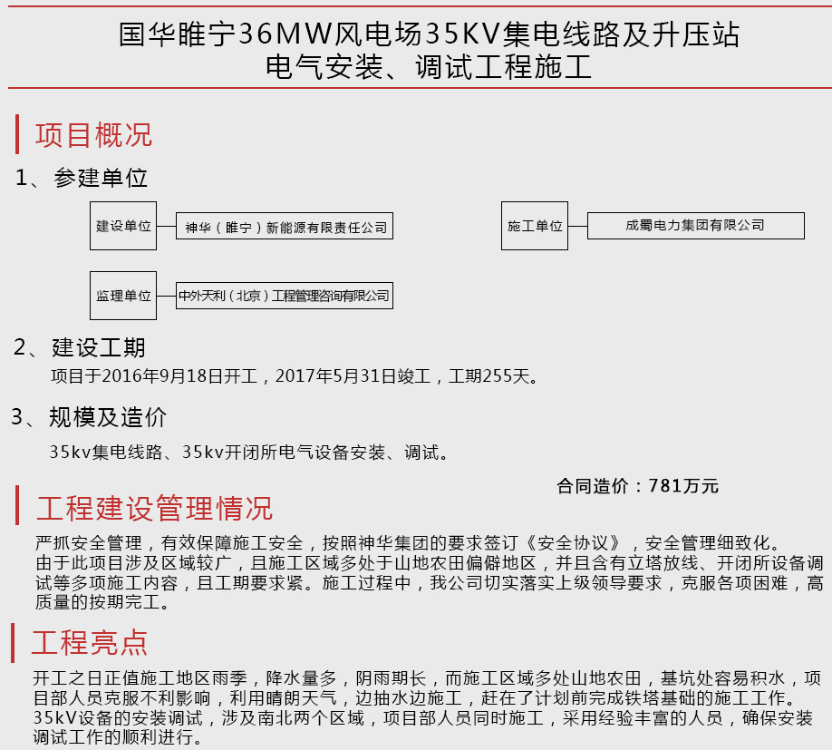 国华睢宁36MW风电场35KV集电线路及升压站电气安装、调试工程施工